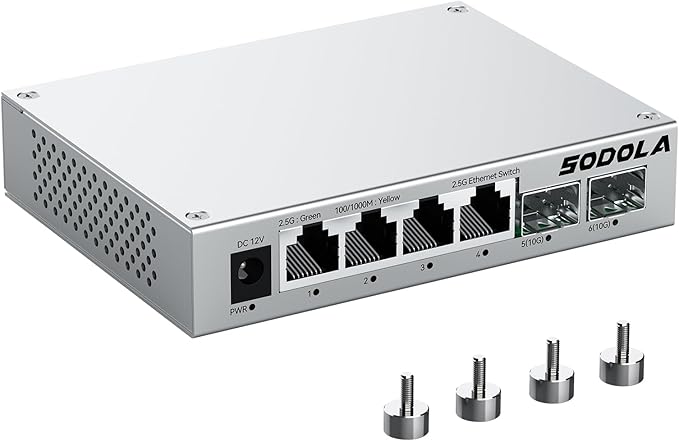 SODOLA 2.5Gb Switch,4 x 2.5G Base-T Ports, 2 x 10G SFP+, Aluminum Alloy Cooling & Magnetic Mounting,2.5 Gigabit Network Switch Fanless Plug & Play, Unmanaged Multi-Gigabit Switch,Lifetime Protection