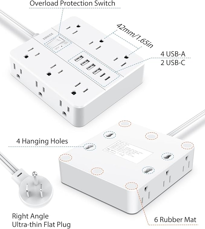 Surge Protector Power Strip 15 Ft Extension Cord, 12 Widely Spaced Outlets 6 USB (2 USB C) Ports, Ultra Thin Flat Plug Surge Protection for Home, Office, Dorm Room Essentials
