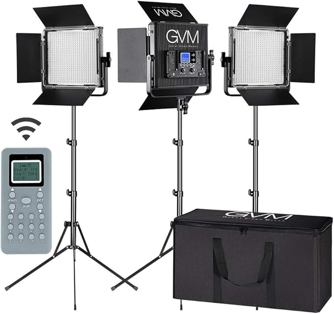 LED Video Light GVM 672S CRI97+ TLCI97+ 22000lux Dimmable Bi-color 3200K-5600K Light Panel With Digital Display For Outdoor Interview Studio Video Making Photography Lighting 3 pcs Kit