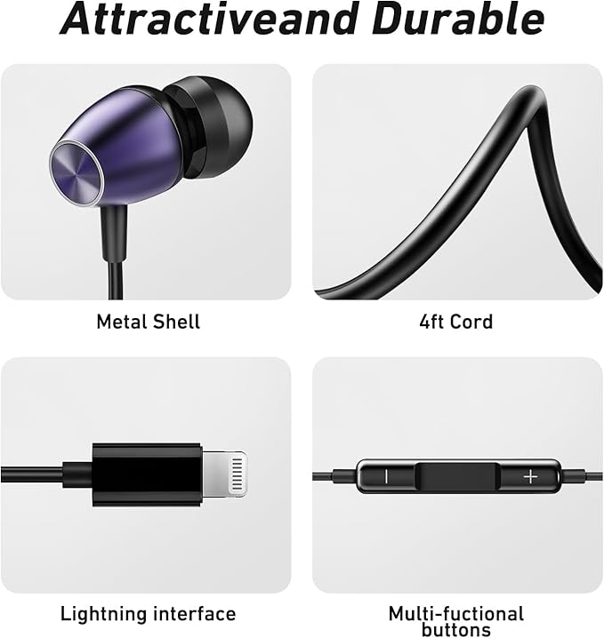 Keyron Lightning Headphones for iPhone [MFi Certified],Wired Earbuds with Built-in Microphone & Volume Control, Earphone Compatible with iPhone 14/13/12/11/XR/XS/X/8/7/SE/Pro/Pro Max, Black/Purple,2Pc