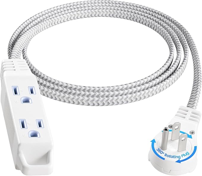 SURAIELEC 6FT Flat Extension Cord with 360° Rotating Plug, Braided Flat Plug with 3 Outlets, 16 AWG Thin White Extension Cord for Indoor Use, Home, Office, Compact Spaces, ETL Listed