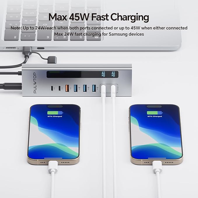 Powered USB C Hub, PULWTOP 11-in-1 USB Hub with SD/TF, 2*USB-C 10Gbps, 4*USB-A 5/10Gbps and 2 * 24/45W Type-C PD Charging Ports (Not Support Video), USB Powered Hub (72W DC Adapter Included)