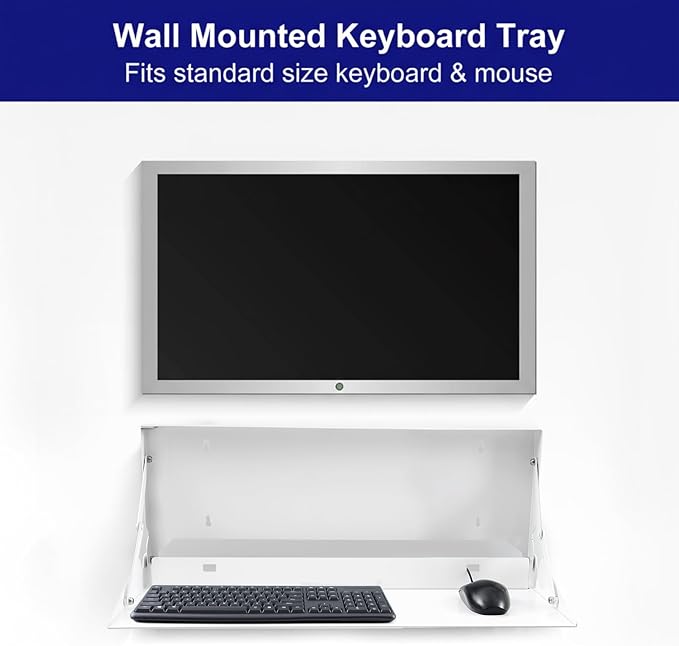 1 Pcs 24 Inch Keyboard Wall Mount Foldable Fits Standard Computer Keyboard Mouse Stand Tray Organizer for Small Offices Apartments, Easy Installation with 4 Screws (White)