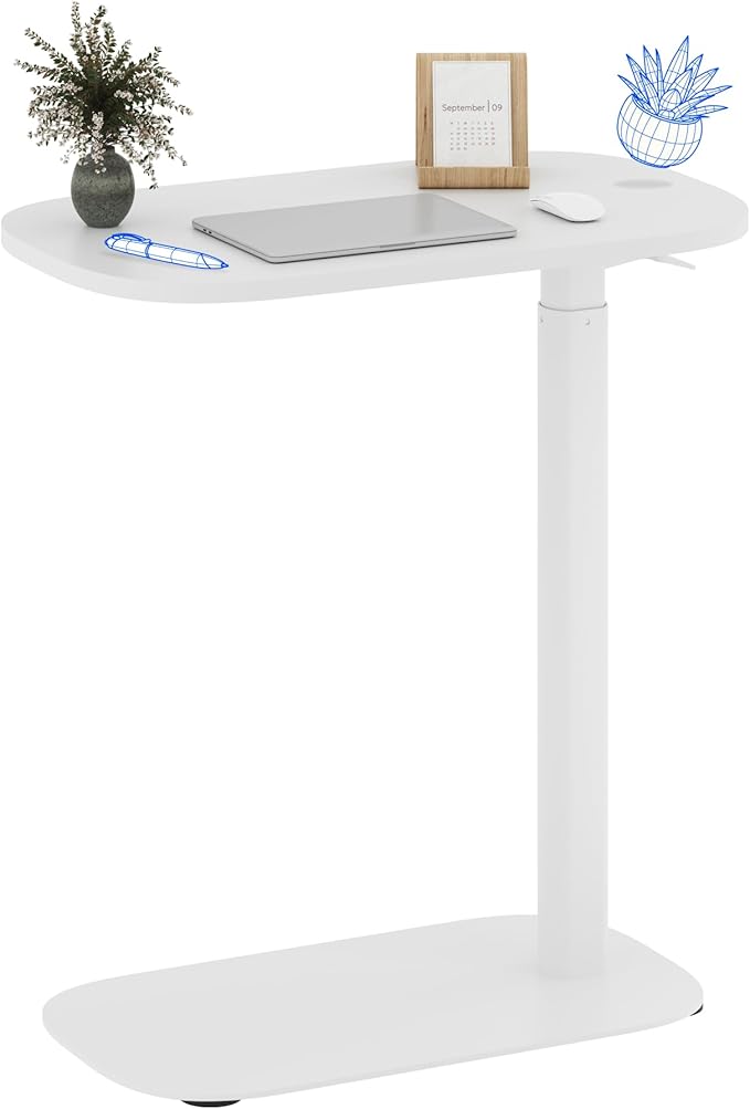 FLEXISPOT Adjustable C Table with Wheels, Mobile Snack Side End Table Sofa Couch Bedside Table Laptop Cart TV Tray Night Stand Small Space Side Table(23.6" W x 13.8" D,White)