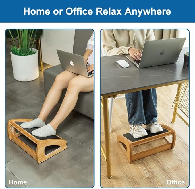 StrongTek Ergonomic Under Desk Footrest, 3 Adjustable Heights Wooden Office Footrest, Large Anti-Slip Surface, Improves Posture and Blood Circulation, up to 400lbs (Black)