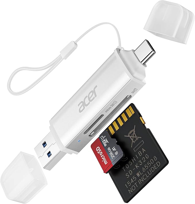 acer SD Card Reader USB C, Dual Slots USB 3.0 Type C to Micro SD Card Adapter, Memory Card Reader for MicroSD, SDHC, SDXC, Compatible with Laptop, PC, iPhone16/15, MacBook, iPad Pro, Android-Silver