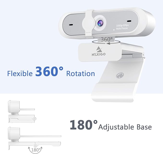 NexiGo N660P (Gen 2) 1080P 60FPS Webcam with Software Control, Dual Microphone & Cover, Autofocus, HD USB Computer Web Camera, for OBS/Zoom/Skype/FaceTime/Teams/Twitch, White