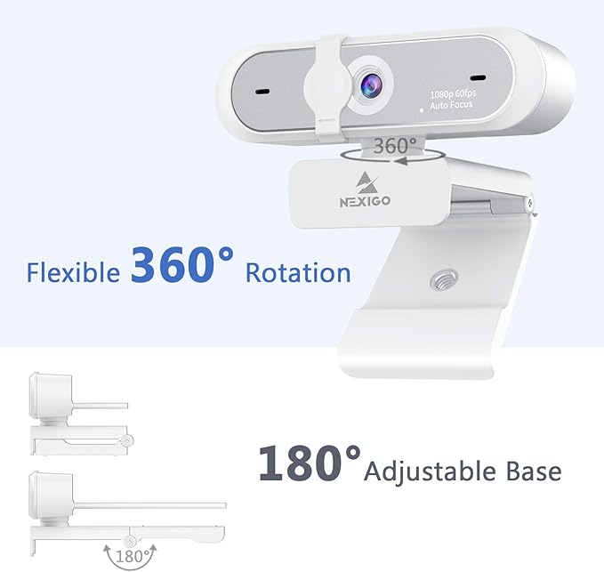 NexiGo N660P 1080P 60FPS Webcam with Software Control, Dual Microphone & Cover, Autofocus, HD USB Computer Web Camera, for OBS/Zoom/Skype/FaceTime/Teams/Twitch, White
