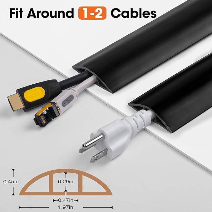 10 FT Floor Cord Cover, Cord Covers for Wires on Floor, Cord Protector, Floor Cable Cover, Hide Extension Cord Covers for Floor, Cable Cavity: 0.47" (W) x 0.29" (H), Black