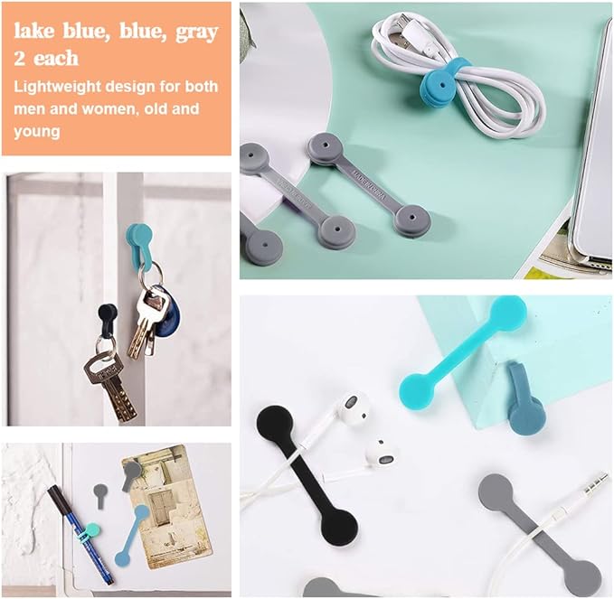 Viaky 6 Packs Magnet Wire Winder Straps, Multi-Colored Noticeboard Fridge Clips Silicone Cable Organizer Reusable Tie Phone Earbuds Bookmark Whiteboard Fridge (Lake Blue, Blue, Gray)