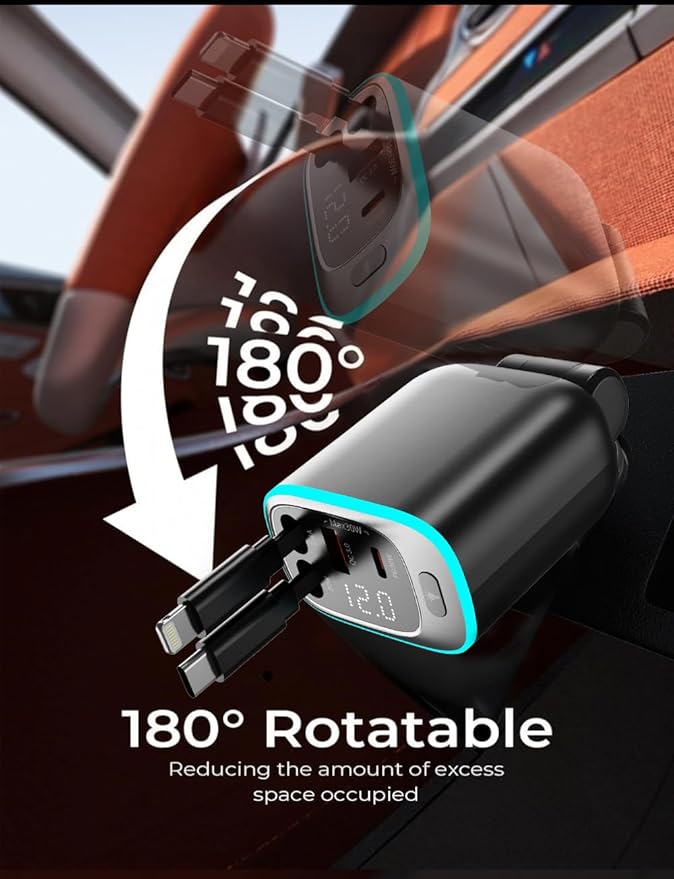 Retractable Car Charger 90W USB C Car Charger Adapter Fast Charging, Gift for Men, Car Accessories