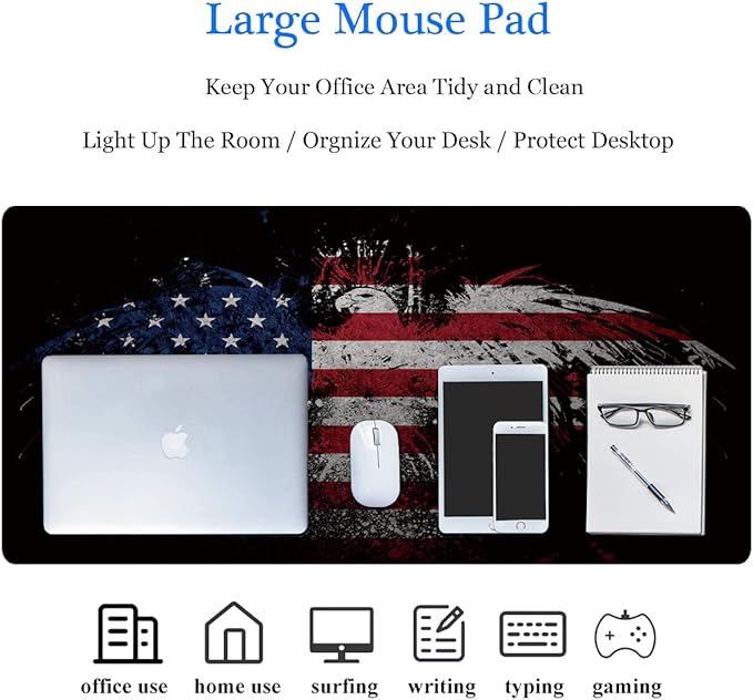 RTGGSEL 31.5x11.8 Inch Non-Slip Long Extended Large Gaming Mouse Pad with Stitched Edges XL Laptops Keyboard Mouse Mat(USA Eagle)