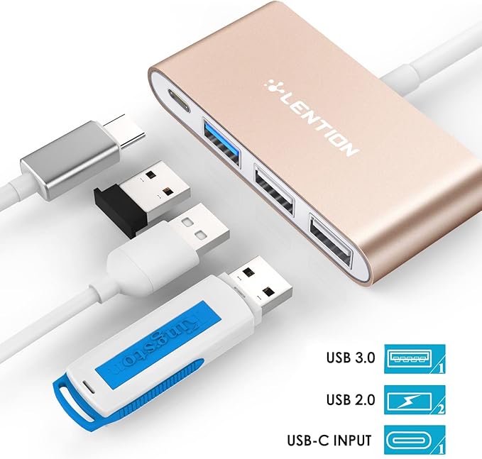 LENTION 4-in-1 USB-C Hub with Type C, USB 3.0, USB 2.0 for 2024-2016 MacBook Pro (M1-M4), iPhone 16-15 New Mac Air/Surface, ChromeBook, More, Multiport Charging & Connecting Adapter (C13, Gold)