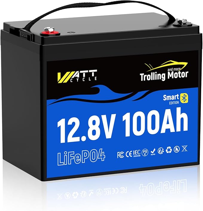 12V 100Ah TMBT LiFePO4 Lithium Battery with Smart Bluetooth, Group 24,Uilt-in 120A BMS, Automatically Cuts and Recovery, IP67, Deep Cycle Perfect for Trolling Motors Marine Boat RVs