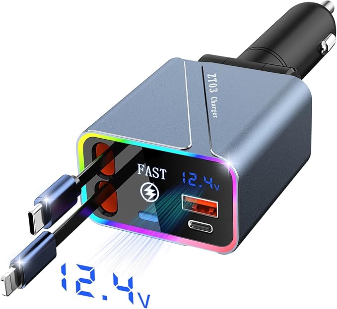 4 in 1 Retractable USB C Car Charger Adapter - 146W/65W Fast Charging, 35.43in Cord, Gift for Men & Women, Compatible with iPhone 16/15/14/13/12 & Android