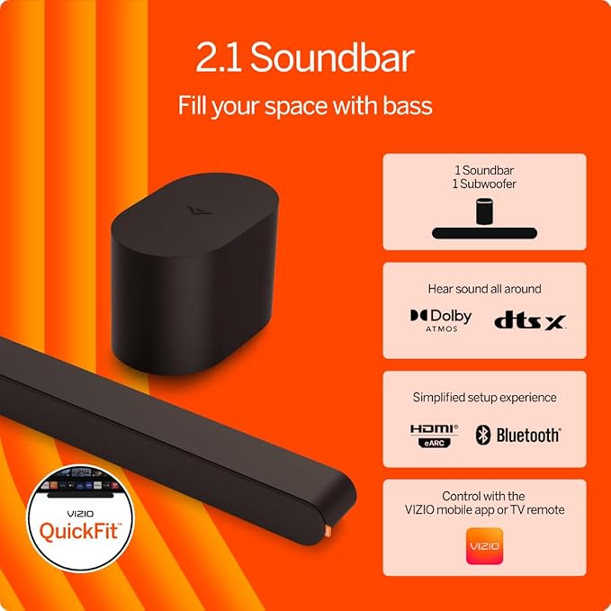 VIZIO 2.1 Soundbar, Wireless Subwoofer w/Dolby Atmos & DTS:X, Bluetooth Speaker, QuickFit™ Compatible – SV210M-08 (New, 2024 Model)