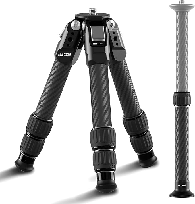 SIRUI Mini Carbon Fiber Tripod with Extendable Center Column, Max Height 26", Supports 33lbs - Ultra-Light 1.7lbs for Desk & Travel, New Anti-Corrosion Carbon Fiber(AM-223S+SL-100S)