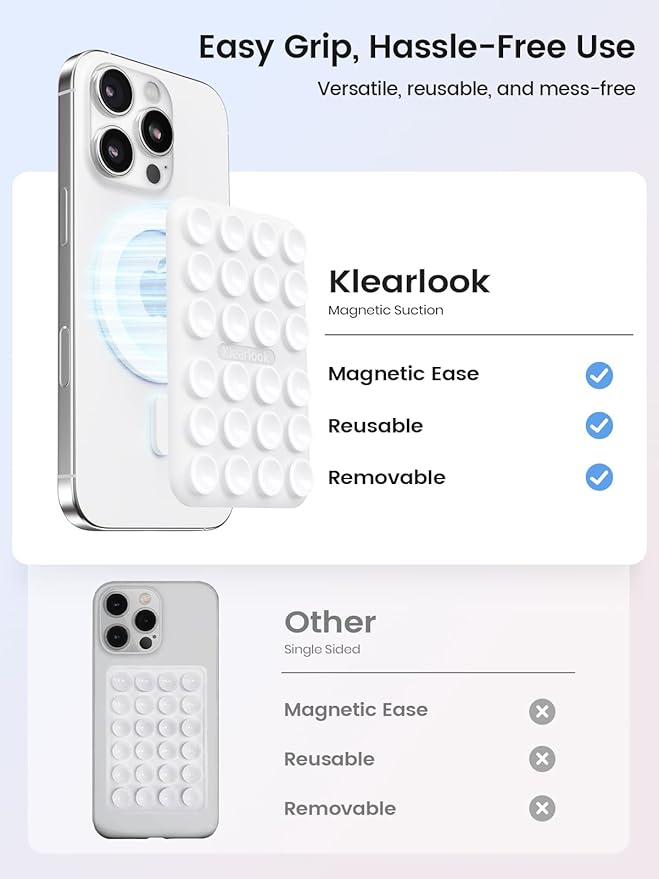 Klearlook Magnetic Suction Phone Mount for MagSafe Case, Removable Sticky Phone Grip Holder for Hands-Free Makeup/Selfie/Live Streaming/Vlog for TikTok & Instagram Influencer/Creator, Classic White