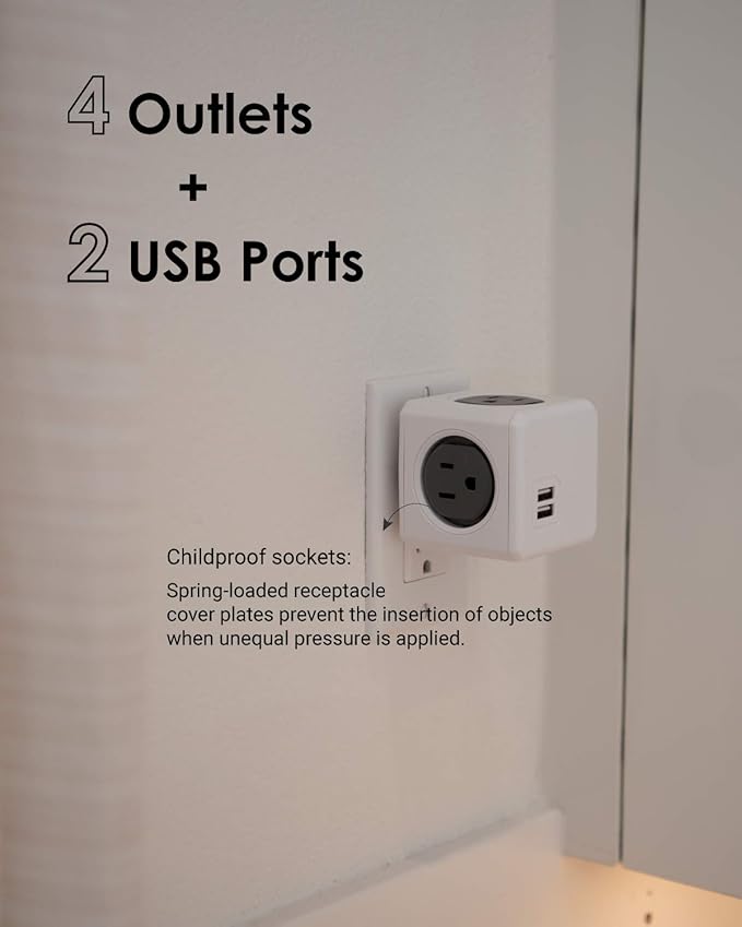 Allocacoc PowerCube Original USB; 4 Outlets Surge Protector 2 USBs Cubic Multi Socket Extender Power Tab Space Saving Compact No Blockage Dorm Home Office125V 15A 1875W Max Grey