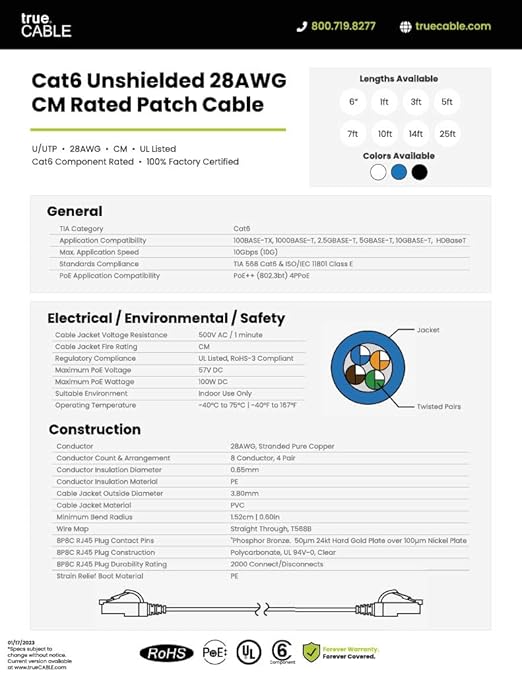 TRUECABLE Cat6 Component Rated Patch Cable, Unshielded (U/UTP), 5ft, Black, 28AWG Solid Copper, Snagless 10G High-Speed Ethernet Cable, PoE++ 4PPoE 100W, UL Listed, RoHS-3, 1 Pack