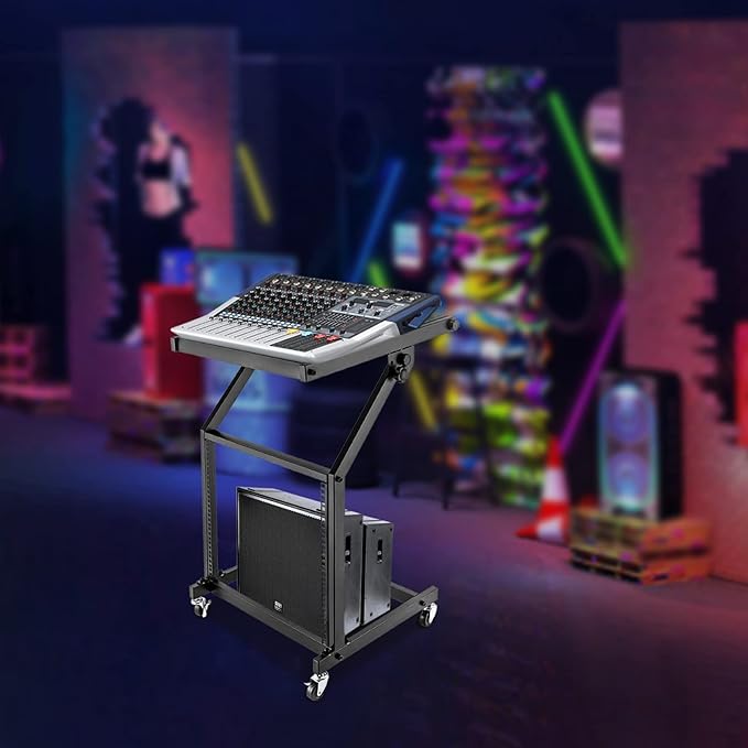 9U Professional DJ Stand Rack Mount DJ Mixer Stand Adjustable Stage Cart w/Wheel for Music Party Show Music Studios Performance Stages Concert Venues