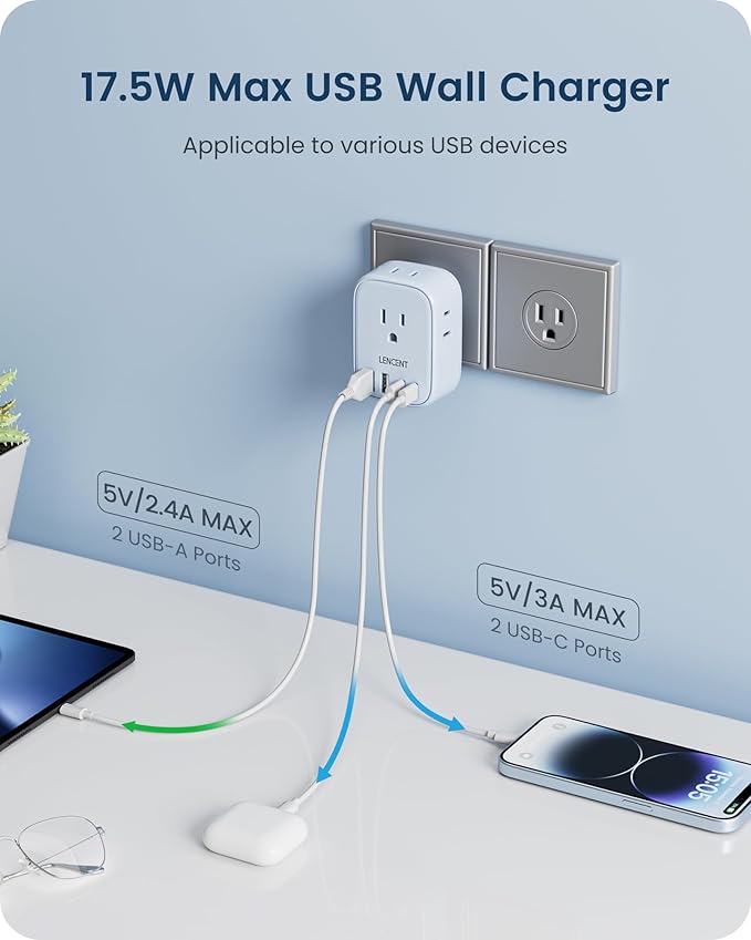 LENCENT Multi Plug Outlet Extender with USB C, 4 AC Electrical Outlet Expander with 4 USB Charger Cube, Small Multiple Wall Tap Plug Splitter for Home Office Travel Cruise Dorm Essentials- Blue