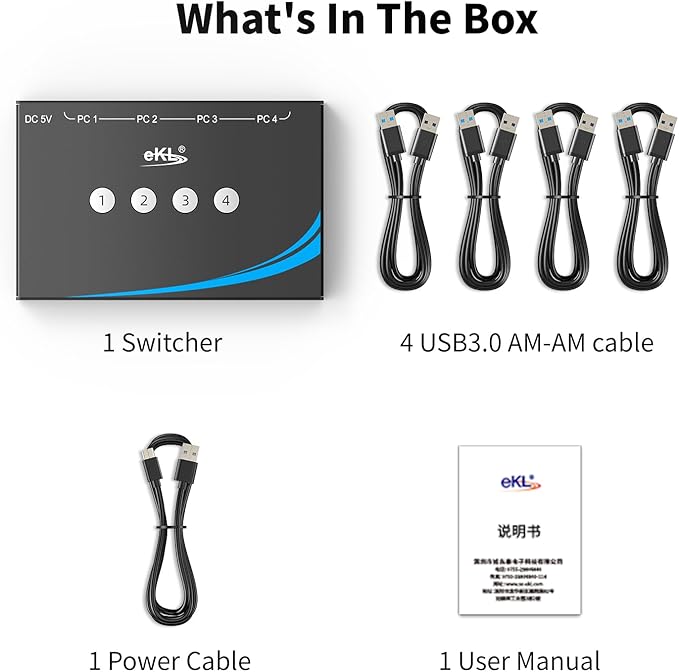 eKL USB 3.0 Switch 4 Computers Share 4 USB 3.0 Ports USB Switcher for PC Laptop Mouse Keyboard Scanner Printer One Button Switch with 3.5mm Headphone Jack and 4 Pack Cables