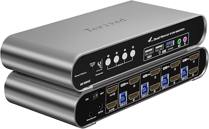 4 Computers 2 HDMI Monitor Automatic KVM Switch 8K@60Hz, Hotkey Switching, EDID, with Audio and Microphone, Aluminum Shell with Digital Display, USB 3.0 Hub, HDR10 with Cables