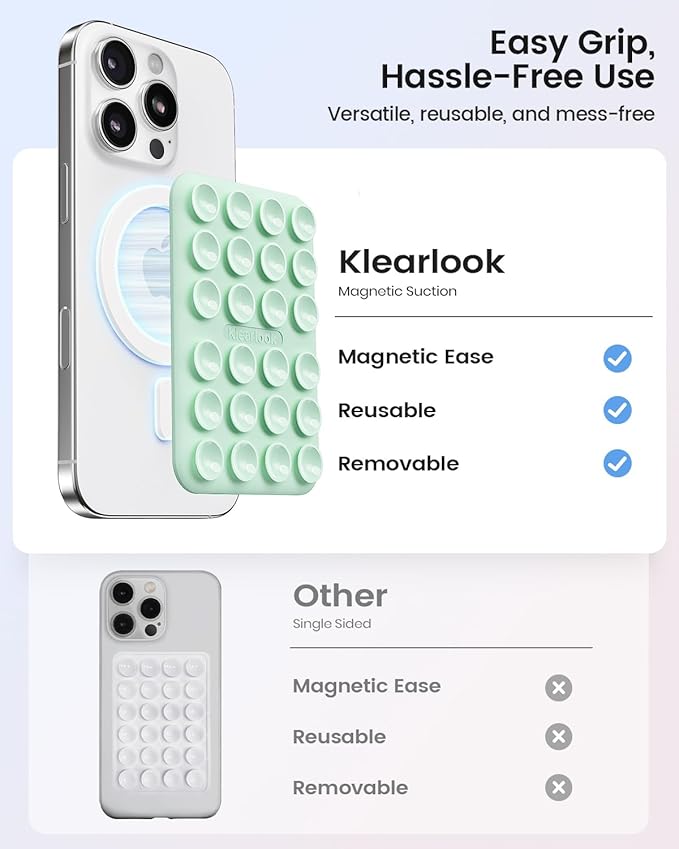 Klearlook Magnetic Suction Phone Mount for MagSafe Case, Removable Sticky Phone Grip Holder for Hands-Free Makeup/Selfie/Live Streaming/Vlog for TikTok & Instagram Influencer/Creator, Light Green