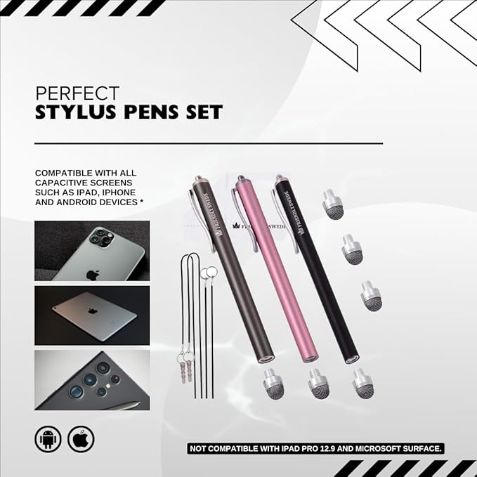 The Friendly Swede Mesh Tip Stylus Pen for Touchscreen — 3-Pack Micro-Knit Capacitive Stylus Pen for iPad & iPhone with 3 Replaceable Fiber Tips, Elastic Lanyards & Screen Cleaning Cloth