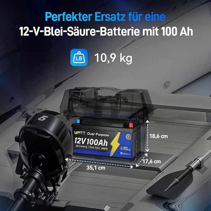 12V 100Ah Dual Purpose Marine Cranking LiFePO4 Lithium Battery Bluetooth 1200CCA / 1500MCA, Starting Lithium Batterys with Self-Heating, Built-in 200A BMS, Perfect for Trolling Motor, Boat