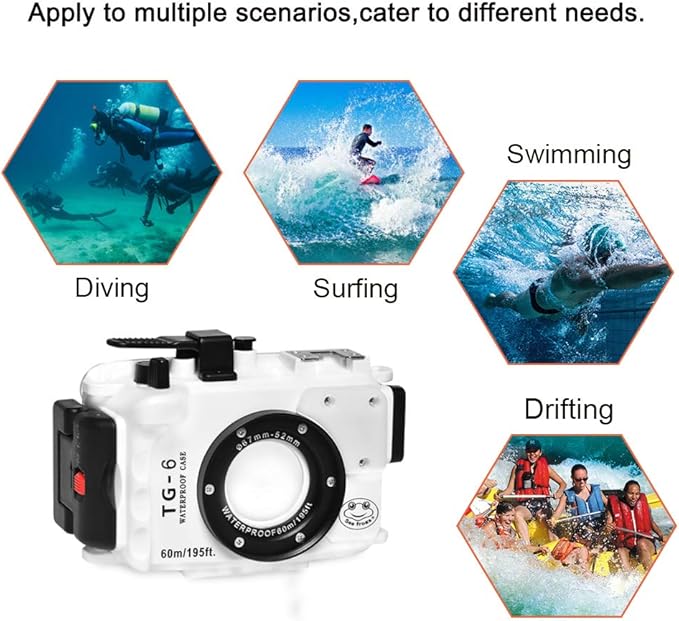 Seafrog WPC-TG6 Waterproof housing case Underwater Diving 195FT/60M Works for Olympus TG-6 Cameras White(Housing + Red Filter)