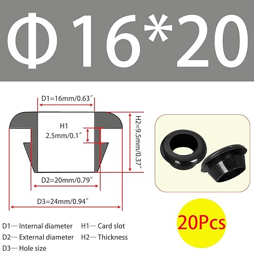 Qrity 20 PCS Rubber Grommets Cable Railing, Car Grommet, Cable Railing Protective Sleeves for Metal Posts, ID 16mm Mount Dia 20mm