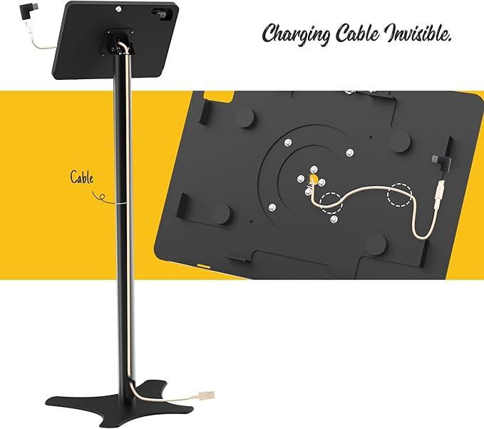 Tablet Kiosk Floor Stand, Anti-Theft, Rotate Lockable Metal Tablet Enclosure+Aluminum Pole+Metal Base, Compatible with 10.9" iPad 10th, Pro 11" 1 2 3 4, Air 4 5, Air 11", iPad 11"(A16)