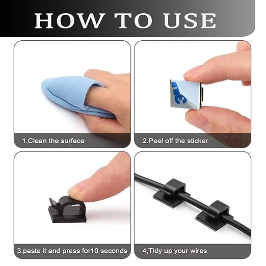 100PCS Cable Clips, Adhesive Wire Clips Strong Cord Clips Wire Holders, Cable Management Clips for Desk, Wall, Car, TV, Ethernet Cable (Black, Medium)