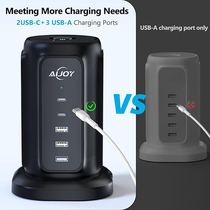 AiJoy Flat Plug Power Strip Tower with 9 Outlets and 5 USB Ports (2 USB-C), 1200J Surge Protection, 1625W Extension Cord with Multiple Outlets Charging Station for Home Dorm Office Supplies