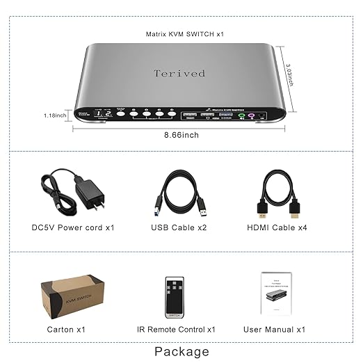2 Computers 2 HDMI Monitors Matrix Automatic KVM Switch 4K@60Hz, Hotkey Switching, EDID, Digital Display and Aluminum Shell, USB 3.0 Hub Audio Microphone with Cables