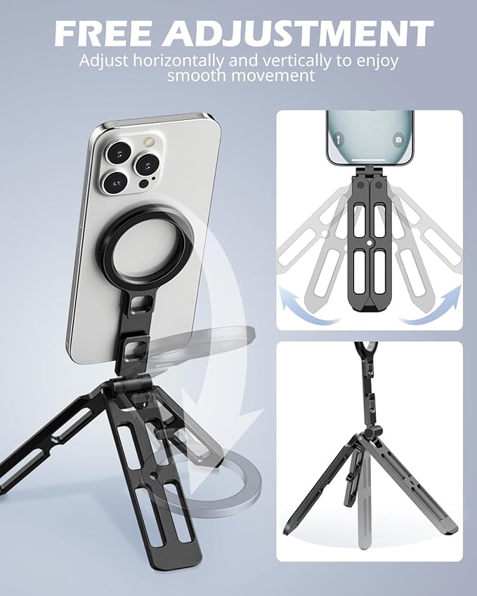 UBeesize 2-in-1 Magnetic Phone Tripod for iPhone–MagSafe Mini Stand & Universal Tripod Mount, Foldable Pocket Aluminum Phone Holder for iPhone 16/15/14/13/12 Series, Desktop & Travel Use