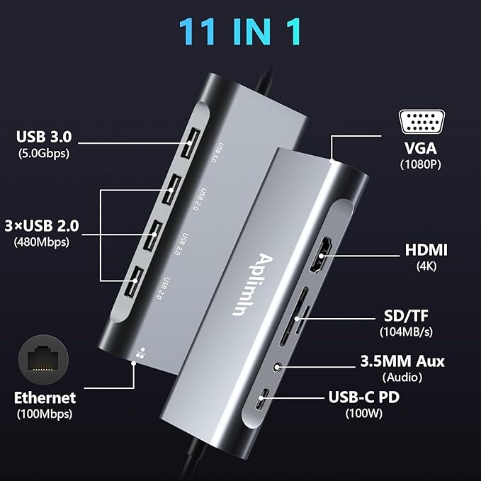 USB C HUB, USB C Adapter 11 in 1 Dongle with 4K HDMI, VGA, PD 100W, 1 X USB 3.0, 3 X USB 2.0 Ethernet, SD/TF Card Reader, 3.5mm Headphone Jack for iPhone 16/15 MacBook Pro/Air, Other Type C Laptops