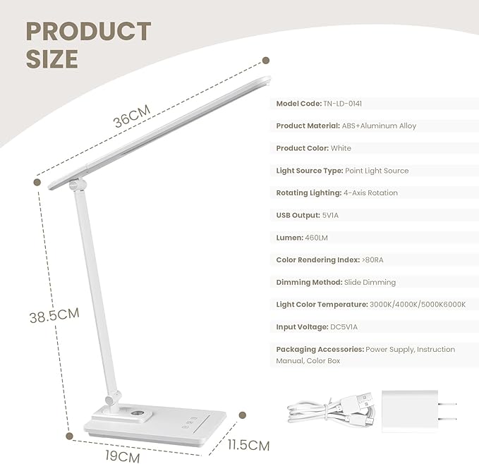 TECHNOVA LED Desk Lamp with 5 Color Temperatures | Sliding Stepless Dimming & One-Touch Timer | Foldable & Portable Design for Office/Study/Nail Art | USB Charging & Four-Axis Rotation for Small Desks