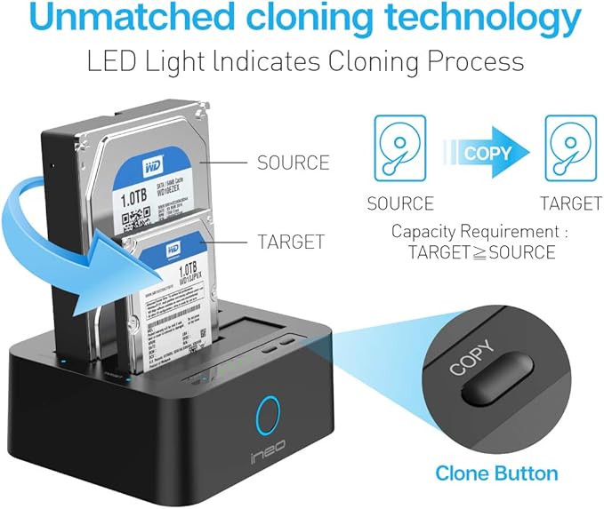 ineo USB 3.1 Gen1 to SATA 2.5" or 3.5 inch SSD/HDD Docking Station (Clone Docking)