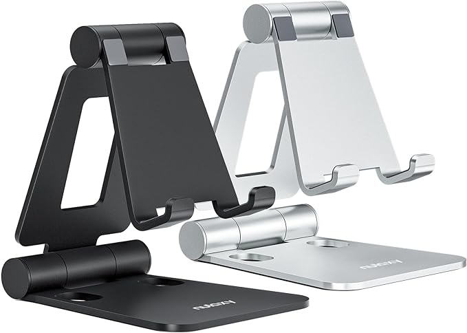 Nulaxy 2 Pack Dual Folding Cell Phone Stand, Fully Adjustable Foldable Desktop Phone Holder Cradle Dock Compatible with iPhone 17 16 15 14 13 12 11 Pro Max Xs Xr X 8, All Phones, Black & Silver