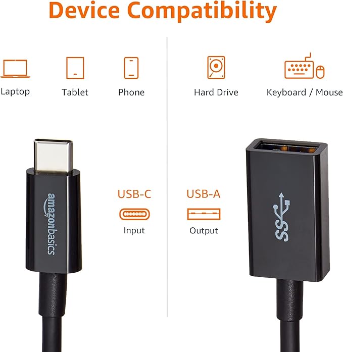Amazon Basics USB 3.1 USB-C to USB-A Female Adapter Cable Converter, 5Gbps High-Speed, USB-IF Certified, for Laptops, Tablets, Phones (iPhone 16/15), Black