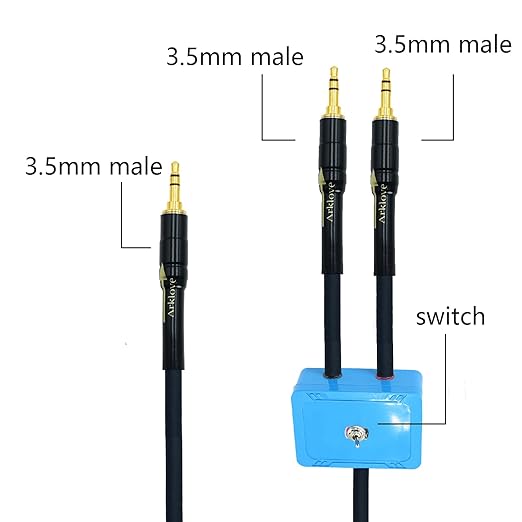 18ft Sound Channel swicher 1/8" aux Input 3.5mm Female to 2X 3.5 Output Switch Selector 2 in 1 Out R/L Stereo Audio 1 in 2 Out Stereo Audio Splitter with Phone pc Player