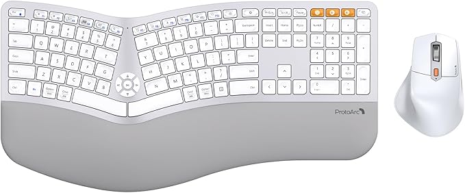 ProtoArc Ergonomic Wireless Keyboard Mouse, EKM01 Plus Full Size Ergo Bluetooth Keyboard Mouse Combo, Split Design, Wrist Rest, Multi-Device, Rechargeable, for Windows/Mac OS - White and Silver