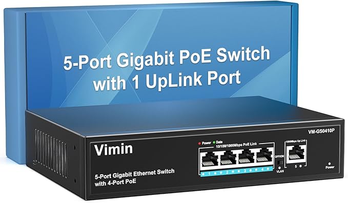 4 Port Gigabit PoE Switch with 1 Uplink Gigabit Ports, VIMIN 5 Port Unmanaged Ethernet PoE Switch with 72W Power, Support IEEE802.3af/at, VLAN, Metal Housing, Desktop or Wall-Mount, Plug & Play