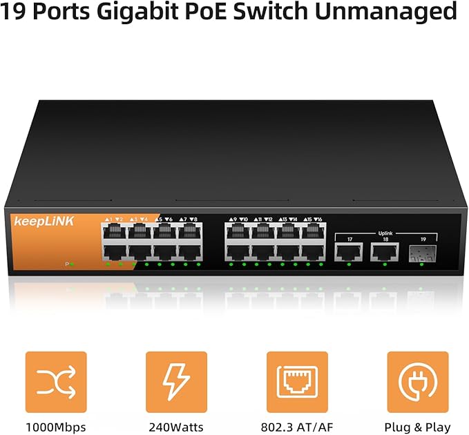 16 Port Gigabit PoE Switch Unmanaged, 16 PoE+ Ports @240W, 2 Gigabit Uplink Ports and 1 SFP Slot, 802.3 at/af Compliant, Fanless & Metal Housing, Desktop or Rackmount