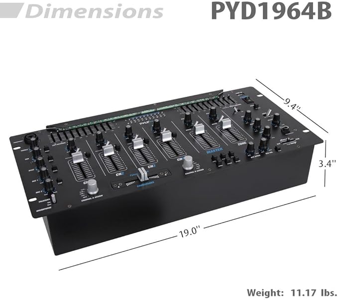 Pyle 6 Channel Mixer DJ Controller with Bluetooth, Professional Sound Digital Mixing System with LED Illumination, Slider Controls, Speed Control, 10 Band Equalizer 5U Rack Mount System - PYD1964B.5