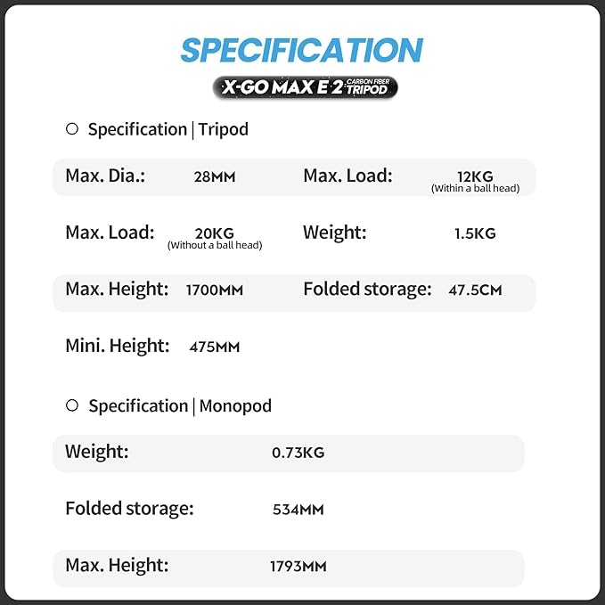 Fotopro 68" Carbon Fiber Travel Tripod, Heavy Duty Camera Tripod with Ball Head, Detachable Monopod with Quick Release Plate and Bag, Load up to 12KG/26lbs