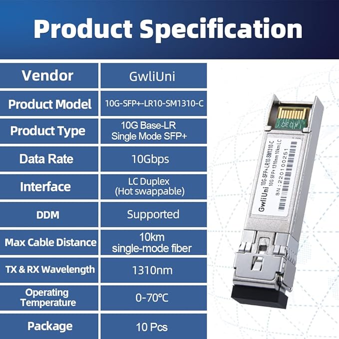 10Pcs Single Mode 10G SFP+ Fiber Module Network Transceiver, LR SM1310nm 10km, Duplex LC for Switch, Router, Firewall, Network Card, Media Converter etc